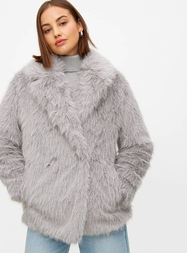 Grey Tailored Mid-Length Faux Fur Coat L